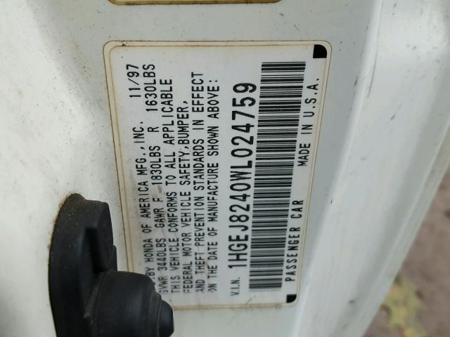 1HGEJ8240WL024759 - 1998 HONDA CIVIC EX WHITE photo 10