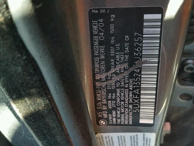 5UXFA13524LU36257 - 2004 BMW X5 3.0I GRAY photo 10