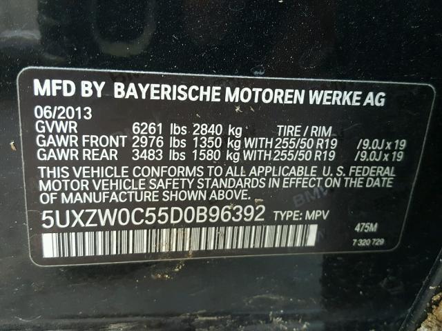 5UXZW0C55D0B96392 - 2013 BMW X5 XDRIVE3 Սև լուսանկար 10