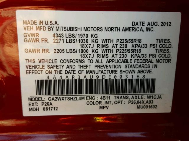 4A4AR3AU9DE003168 - 2013 MITSUBISHI OUTLANDER RED photo 10