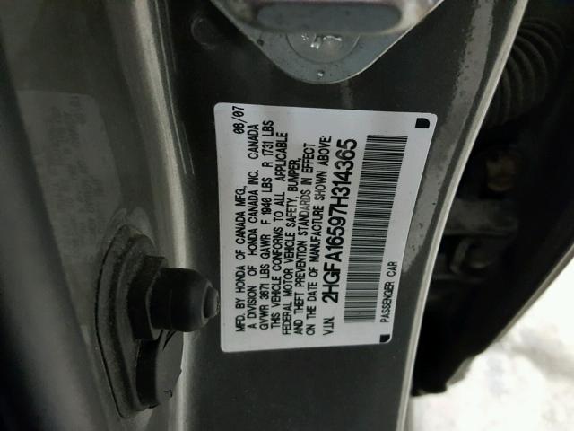 2HGFA16597H314365 - 2007 HONDA CIVIC LX GRAY photo 10