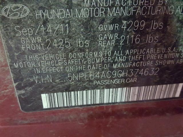 5NPEB4AC9CH374632 - 2012 HYUNDAI SONATA GLS RED photo 10