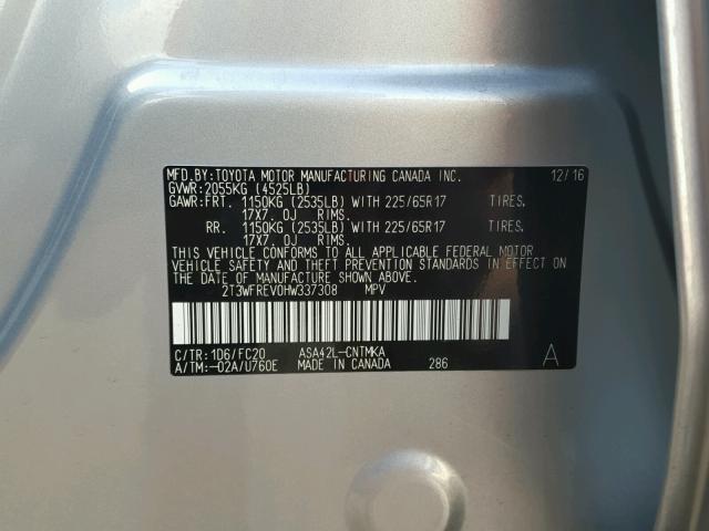 2T3WFREV0HW337308 - 2017 TOYOTA RAV4 XLE SILVER photo 10