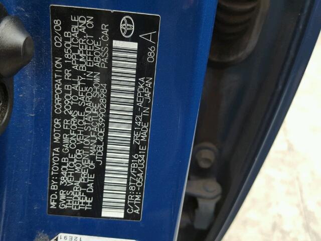 JTDBL40E399028984 - 2009 TOYOTA COROLLA BA BLUE photo 10