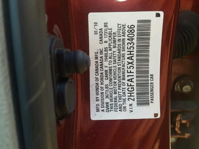 2HGFA1F5XAH534086 - 2010 HONDA CIVIC LX BURGUNDY photo 10