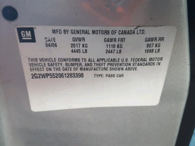 2G2WP552061283398 - 2006 PONTIAC GRAND PRIX Сріблястий фото 10