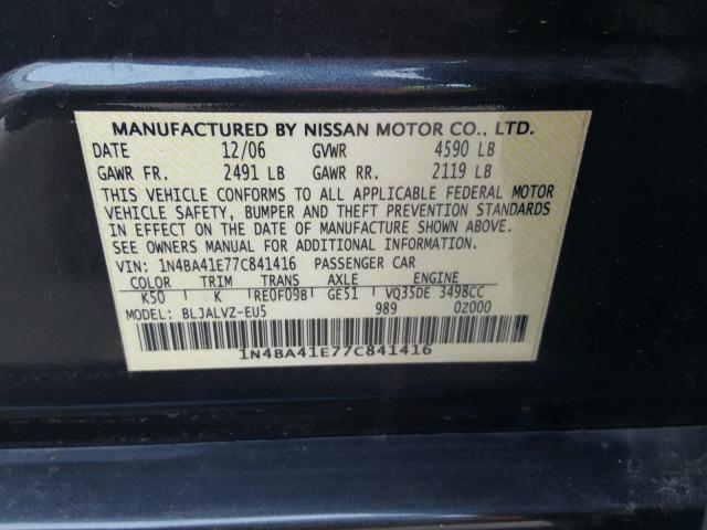 1N4BA41E77C841416 - 2007 NISSAN MAXIMA SE BLACK photo 10