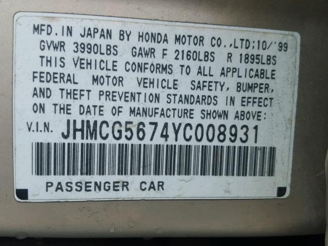 JHMCG5674YC008931 - 2000 HONDA ACCORD SE GOLD photo 10