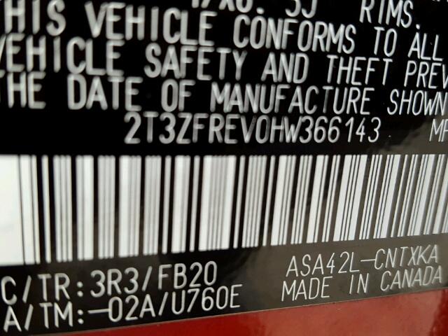 2T3ZFREV0HW366143 - 2017 TOYOTA RAV4 LE Կարմիր լուսանկար 10