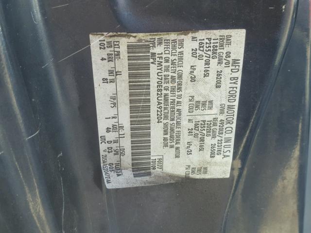 1FMYU70E82UA92204 - 2002 FORD EXPLORER S BLUE photo 10