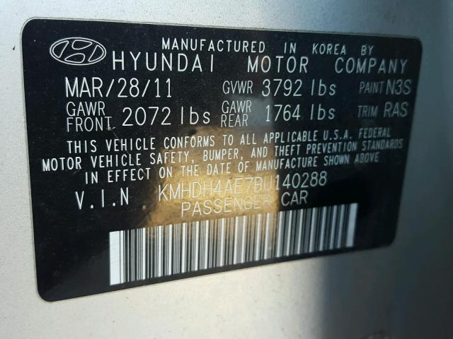 KMHDH4AE7BU140288 - 2011 HYUNDAI ELANTRA GL SILVER photo 10