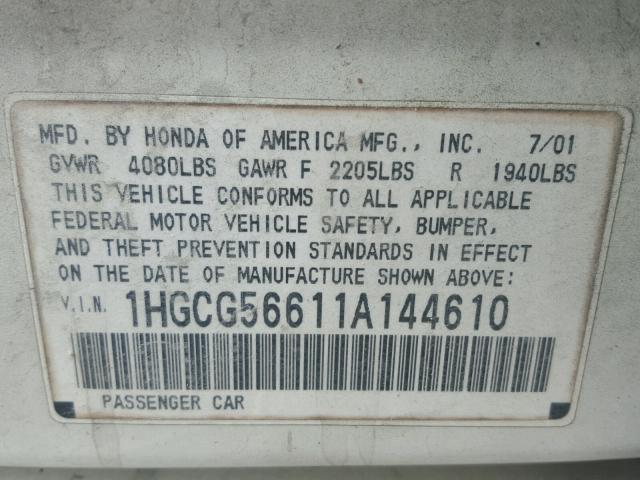1HGCG56611A144610 - 2001 HONDA ACCORD EX 白色 照片 10