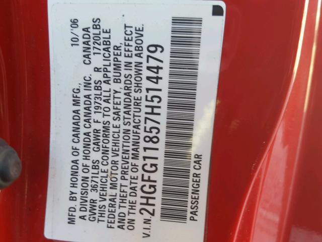 2HGFG11857H514479 - 2007 HONDA CIVIC EX RED photo 10