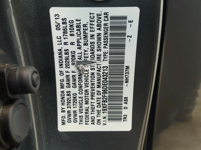 19XFB2F96DE043213 - 2013 HONDA CIVIC EXL ნაცრისფერი ფოტო 10