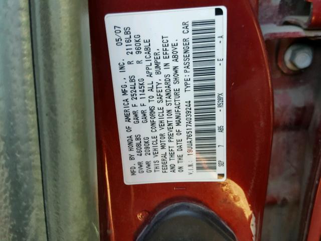 19UUA76517A039244 - 2007 ACURA TL TYPE S RED photo 10