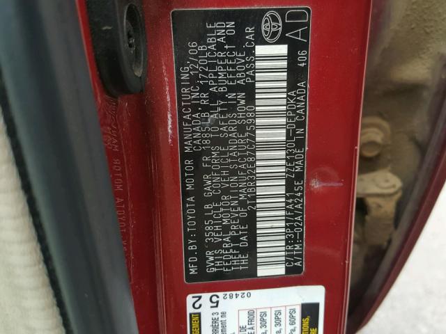 2T1BR32E87C775980 - 2007 TOYOTA COROLLA CE RED photo 10