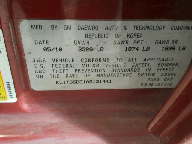 KL1TD5DE1AB131441 - 2010 CHEVROLET AVEO LS RED photo 10