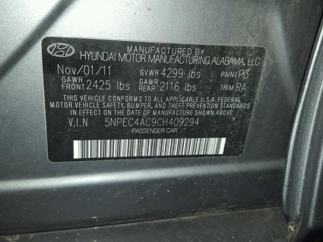 5NPEC4AC9CH409294 - 2012 HYUNDAI SONATA SE GRAY photo 10