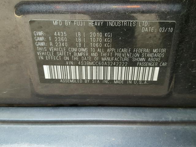 4S3BMCC60A3242222 - 2010 SUBARU LEGACY 2.5 GRAY photo 10