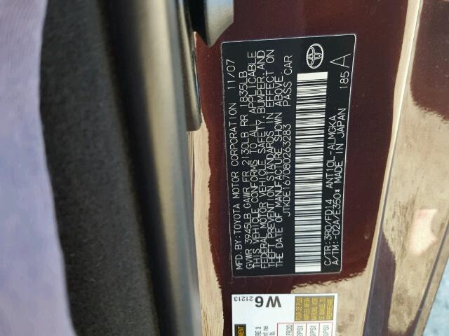 JTKDE167080263283 - 2008 SCION TC BURGUNDY photo 10