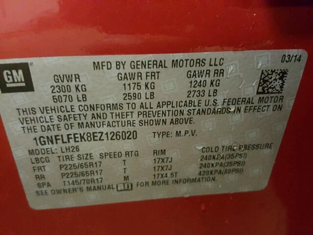 1GNFLFEK8EZ126020 - 2014 CHEVROLET EQUINOX LT RED photo 10