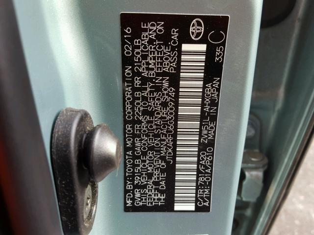 JTDKARFU6G3009749 - 2016 TOYOTA PRIUS GREEN photo 10