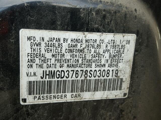 JHMGD37678S030819 - 2008 HONDA FIT SPORT BLACK photo 10