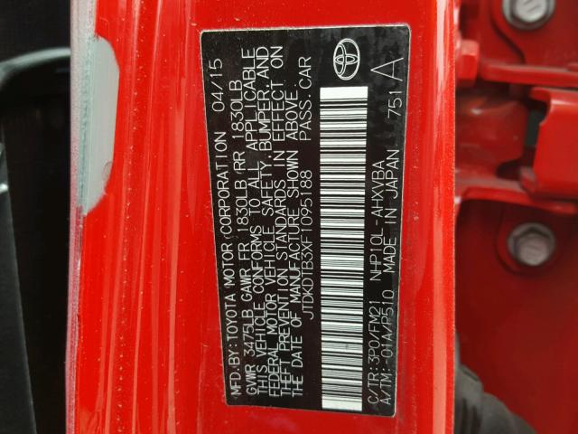 JTDKDTB3XF1095188 - 2015 TOYOTA PRIUS C RED photo 10