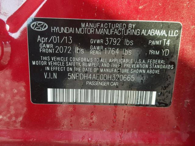 5NPDH4AE0DH320665 - 2013 HYUNDAI ELANTRA GL RED photo 10