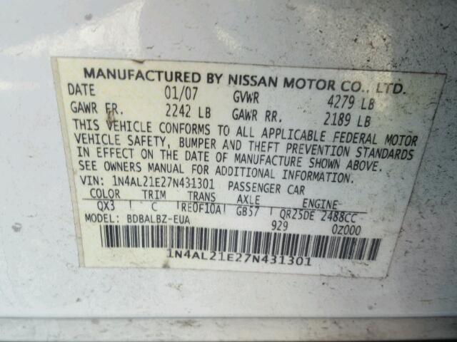 1N4AL21E27N431301 - 2007 NISSAN ALTIMA 2.5 WHITE photo 10