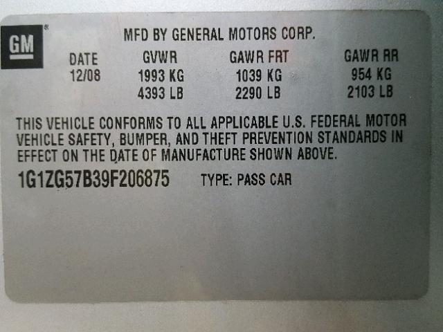 1G1ZG57B39F206875 - 2009 CHEVROLET MALIBU LS Gümüş foto 10