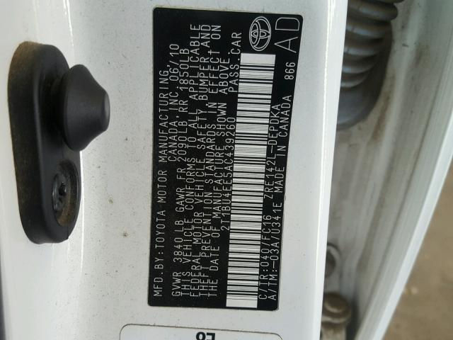 2T1BU4EE5AC439260 - 2010 TOYOTA COROLLA BA WHITE photo 10