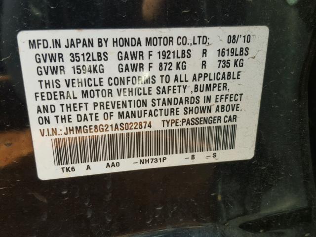 JHMGE8G21AS022874 - 2010 HONDA FIT BLACK photo 10