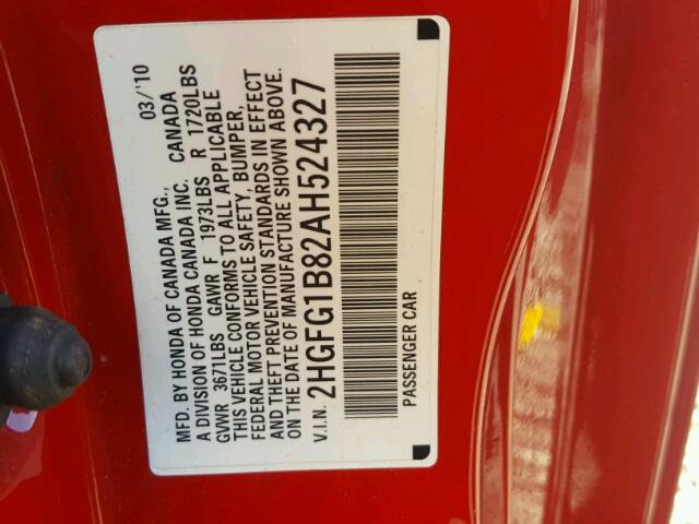 2HGFG1B82AH524327 - 2010 HONDA CIVIC EX RED photo 10