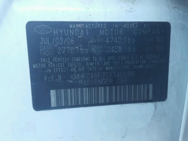 KMHFC46F77A140888 - 2007 HYUNDAI AZERA SE WHITE photo 10