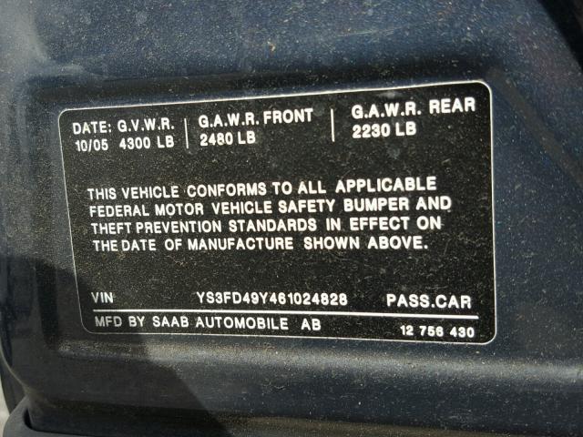 YS3FD49Y461024828 - 2006 SAAB 9-3 BASE BLUE photo 10