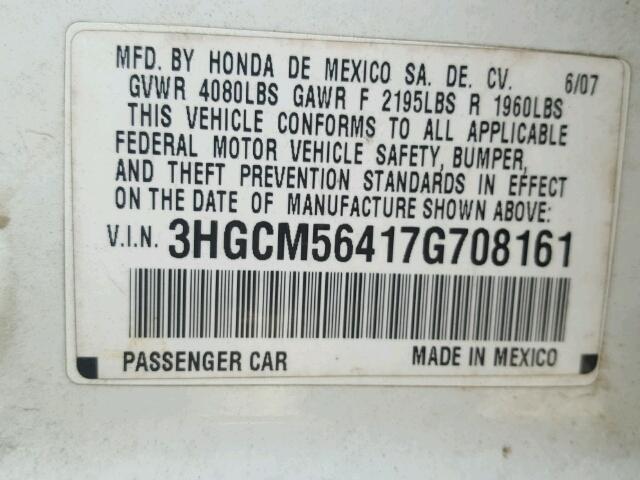 3HGCM56417G708161 - 2007 HONDA ACCORD LX WHITE photo 10