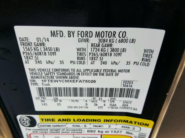 1FTEW1CMXEFA75026 - 2014 FORD F150 SUPER BLACK photo 10