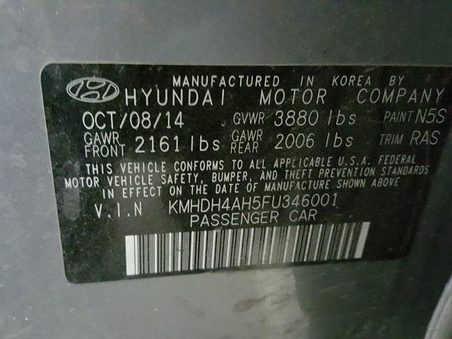 KMHDH4AH5FU346001 - 2015 HYUNDAI ELANTRA SE CHARCOAL photo 10