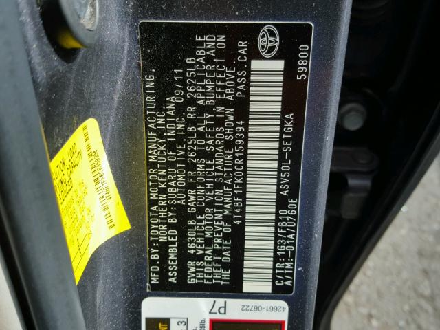 4T4BF1FK0CR159394 - 2012 TOYOTA CAMRY BASE CHARCOAL photo 10