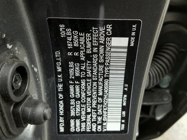 SHHFK7H22HU406960 - 2017 HONDA CIVIC LX GRAY photo 10