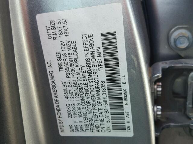 5J8TB3H54HL018358 - 2017 ACURA RDX TECHNO GRAY photo 10