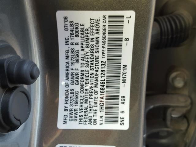 1HGFA16846L128132 - 2006 HONDA CIVIC EX 灰色 照片 10