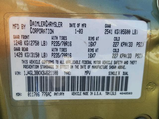 1J4GL38KX3W621108 - 2003 JEEP LIBERTY RE GREEN photo 10