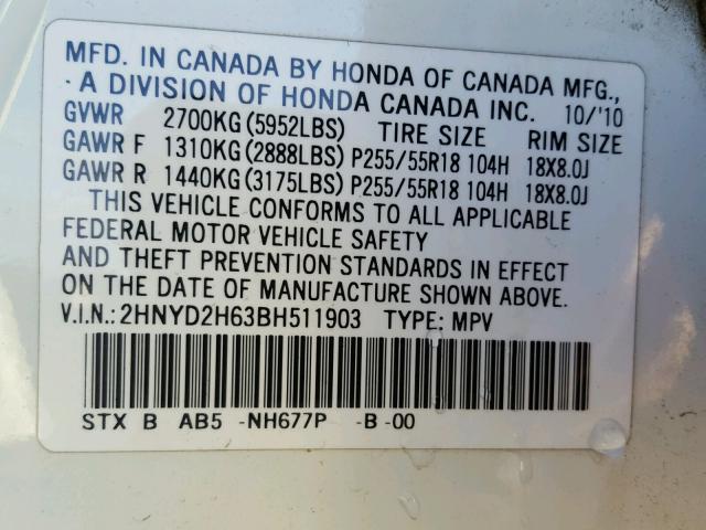 2HNYD2H63BH511903 - 2011 ACURA MDX TECHNO WHITE photo 10