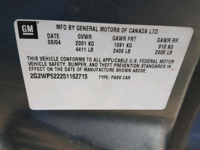 2G2WP522251162715 - 2005 PONTIAC GRAND PRIX GRAY photo 10