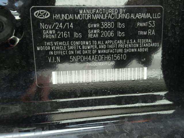 5NPDH4AE0FH615610 - 2015 HYUNDAI ELANTRA SE BLACK photo 10