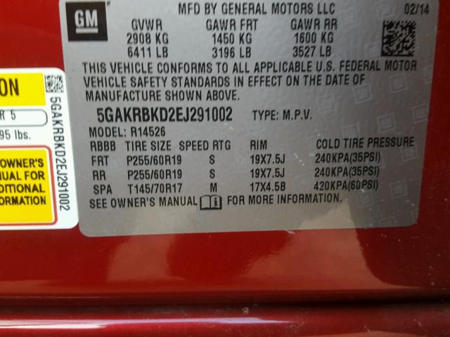 5GAKRBKD2EJ291002 - 2014 BUICK ENCLAVE RED photo 10