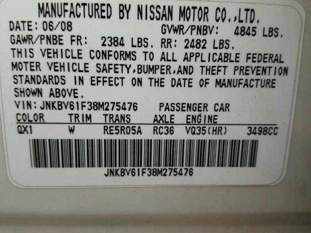 JNKBV61F38M275476 - 2008 INFINITI G35 WHITE photo 10