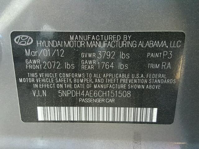 5NPDH4AE6CH151508 - 2012 HYUNDAI ELANTRA GL GRAY photo 10